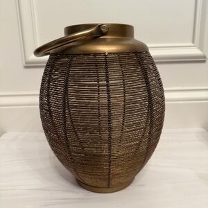 Woven Brass Lantern - hefty, intricate lantern for faux flowers or candles